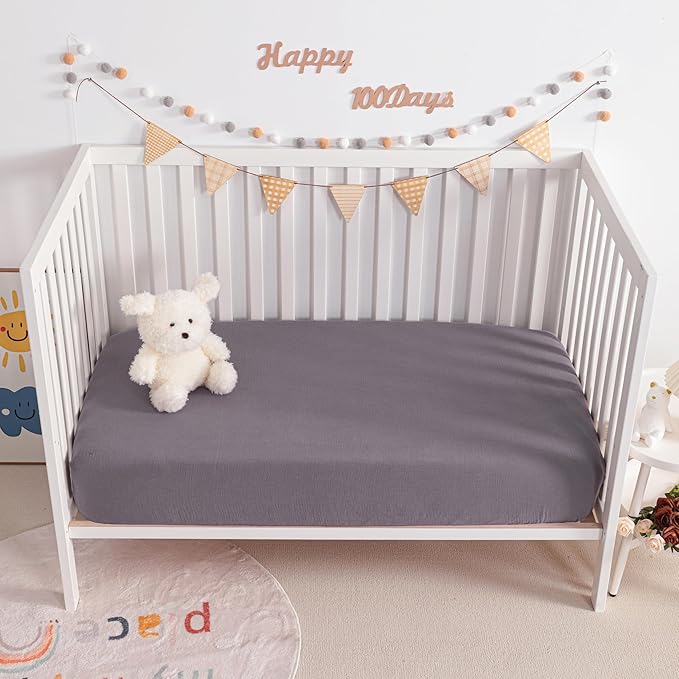 NTBAY 2 Pack Muslin Cotton Mini Crib Sheets, Soft and Breathable Double Layer 24x38 Baby Crib Sheets for Mini Crib and Toddler Mattresses, Boys, Girls, Unisex, Greyish Purple, 24x38 Inches