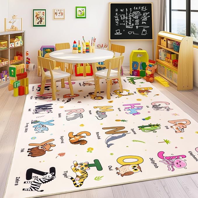 Kids Rugs for Playroom, 8x10 Ft Educational Rug for Learn The ABC Alphabet, Soft Machine Washable Non-Slip Cute Cartoon Animals Carpet for Classroom Toddler Nursery Kids Room Decor, Beige