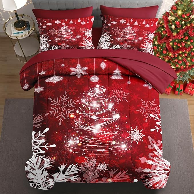 7 Pcs Full Size Christmas Comforter Set with 2 Pillowcases & 2 Shams, Red Glitter Xmas Tree Bedding for Kids and Adults, White Elegant Snowflake Bed in a Bag with Flat Fitted Sheet