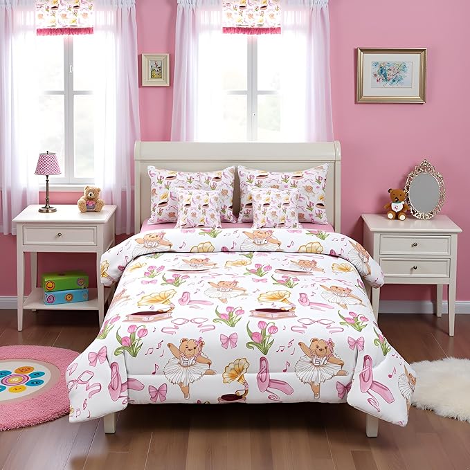 Pink Bowknot Princess Comforter King Size,Ballet Shoes Bear Dancer Cartoon 7 Pcs Bedding Set,Tulip Flower Music Note Record Decor,Bow Tie Romantic （Fitted+Sheet+2 Pillowcases+2 Throw Pillow Covers）