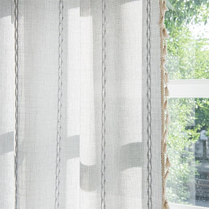 Deeprove Sheer Boho Curtains 63 inches Length for Cafe Closet Kitchen, Vintage Bohemian Embroidery Farmhouse Light Filter Privacy Country Tassel Window Treatments, W52 x L63,Silver Grey, 1 Panel