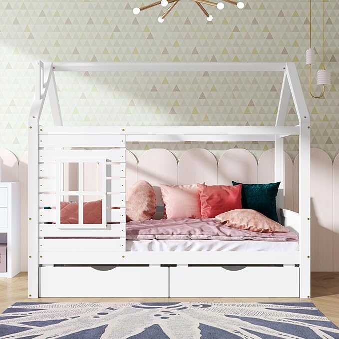 Aoowow Twin Size Kids House Bed with 2 Drawers, Wooden Twin Bed Frame with Window and Roof for Bedroom, Modern Twin Size Kid Playhouse Bed with Slats for Boys Girls, Can be Decorated, White