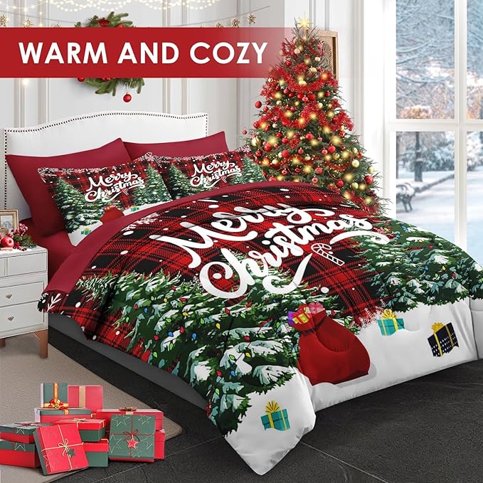 7 Pcs Queen Size Christmas Comforter Set with 2 Pillowcases & 2 Shams, Green Cartoon Trees Bedding for Kids and Adults, Black Red Plaid Bed in a Bag with Flat Fitted Sheet