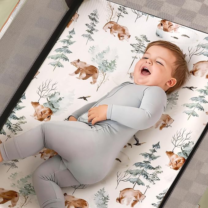 Stretchy Ultra Soft Jersey Knit Fitted Pack and Play Sheets Set 2 Pack, Portable/Mini Crib Sheets Safe and Snug Fitted for Boys and Girls, Cute Bear and Wolf Pattern