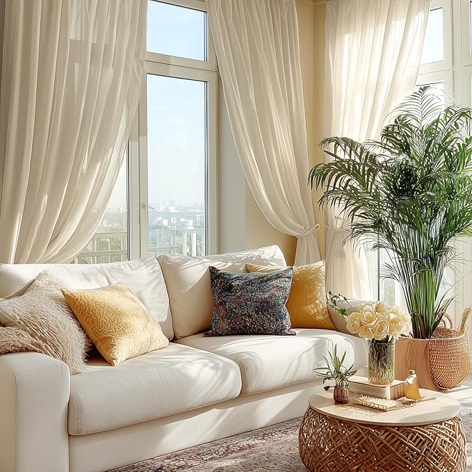 Dreaming Casa Taupe Sheer Curtains 96 Inches Long, Rod Pocket & Back Tab Light Filtering Textured Sheers for Living Room Bedroom, 2 Panels, Each 52" W x 96" L