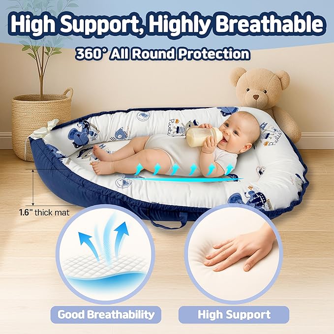 Baby Lounger for Newborn 0–24 Months, Baby Pillow & Baby Nest Lounger, Organic Cotton Breathable Infant Pillow, Portable Baby Nest for Home & Travel (Blue)