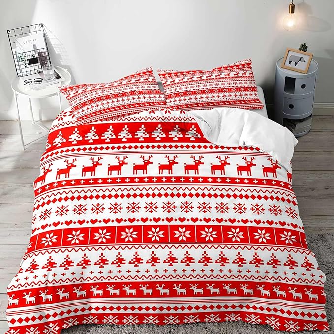 LUVIVIHOME 3PCS King Christmas Duvet Cover Set, White Red, Reindeer Snowflake Poinsettia Christmas Tree Holiday New Year Xmas Striped Comforter Quilt Cover 2 Pillow Shams