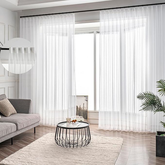 Off White Pinch Pleated Sheer Curtains 84 Inches Long 2 Panels, Thin Textured Linen Look Living Room Drapes Window Decor, Ivory Sliding Glass Door Curtain with Rings & Hooks & Back Tab