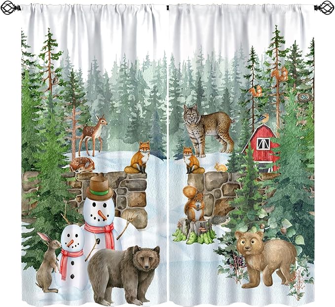 Woodland Animal Curtains, Watercolor Squirrel Hare Bear Bird Pattern Blackout Window Treatments, Rod Pocket Thermal Insulated Drapes 2 Panel Sets for Kids Bedroom Nursery Classroom, 42" W X 54" L