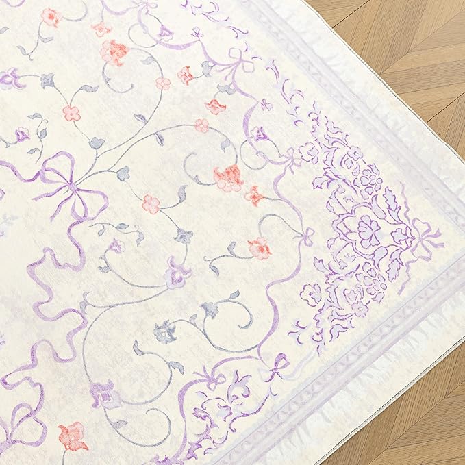 Pastel Purple Rug for Bedroom Dorm Kids Play Room - Light Lavender Blue Pink 5x7 Washable Whimsical Fairy Bow Floral Fun Area Rug for Girls Room Nursery Toddler