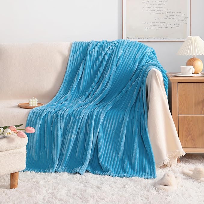 NTBAY Plush Flannel Oversized Baby Blanket, 50X60 Inches Soft and Warm Toddler Blanket with Striped Texture Nursery Bed Blanket for Stroller, Crib, Travel, Baby Gift, 50"x60", Blue