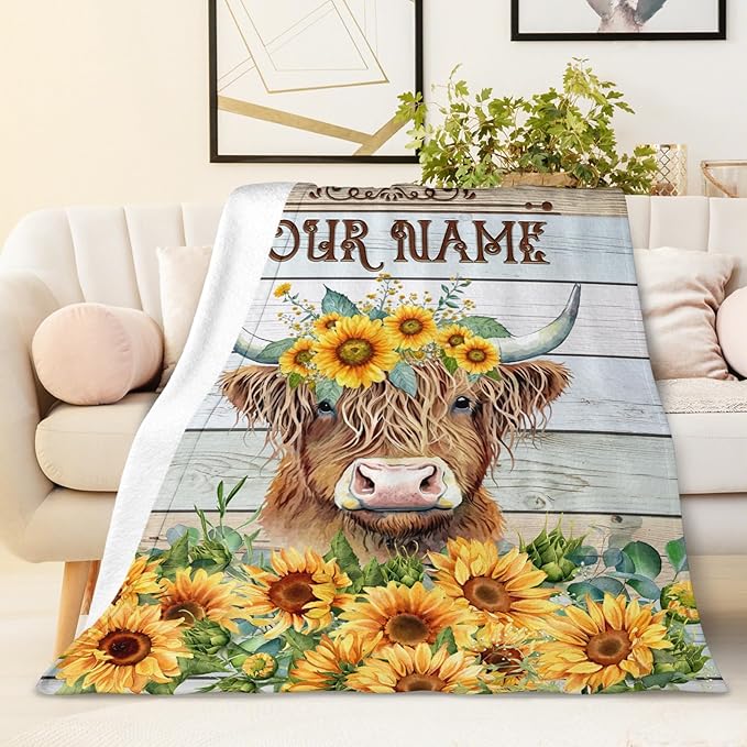 Custom Throw Blanket for Women - Cute Highland Cow Blanket Gift for Mom Daughter Grandma Nana - 80x60 Inches Personalized Aesthetic Sunflower Throws with Name for Bed Couch Sofa
