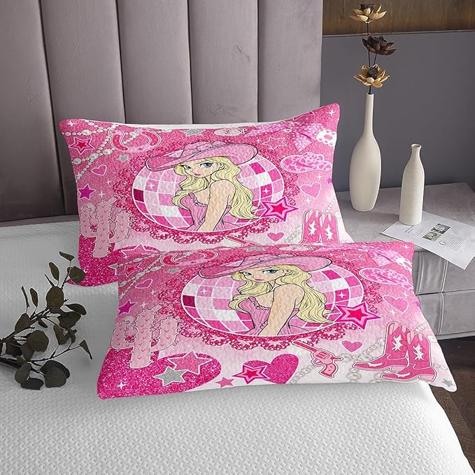 Western Cowgirl Princess Bedspread Twin Size,Cactus Cowgirl Boot Cap Bowknot Coverlet Set,Girls Women Room Decor,Star Love Heart Glitter Romantic Quilted Coverlet,Pink Bedding Quilt,1 Pillowcase
