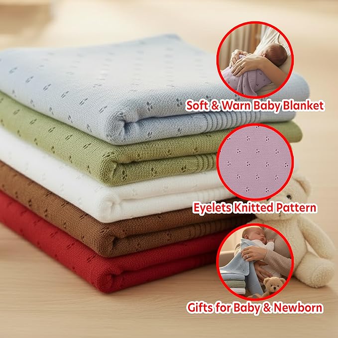 Baby Knit Blanket, 100% Cotton Eyelet Patterns, Soft, Cozy, Lightweight Swaddle for Newborn & Infant Swaddling Beige Neutral, Perfect Baby Shower Ideas Lilac 30x30