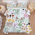 Cartoon Cat Comforter Set Queen Size Floral Bedding for Teen Girls Boys Women Green Animals Print Bedroom Quilt 1 Comforter + 2 Pillow Cases