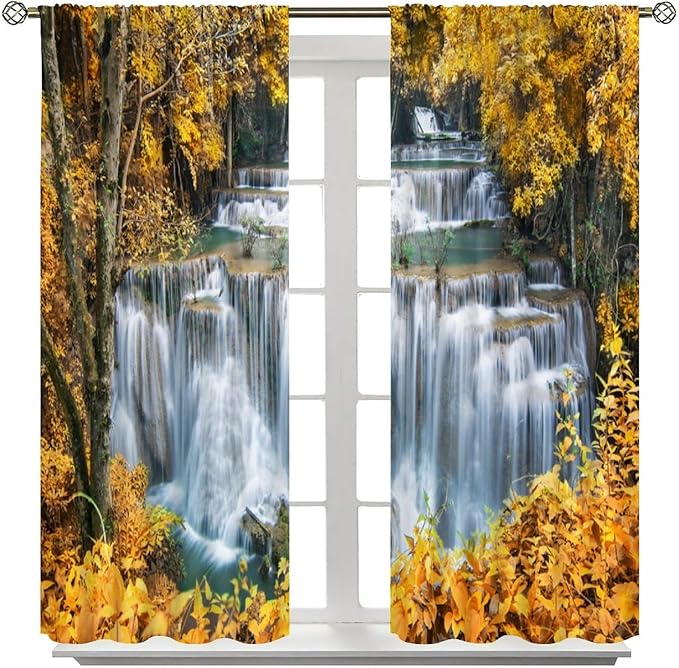Waterfall Blackout Curtain, Autumn Season Trees Leaves Natural Landscape Window Drapes, for Bedroom Living Room 55" W X 63" L