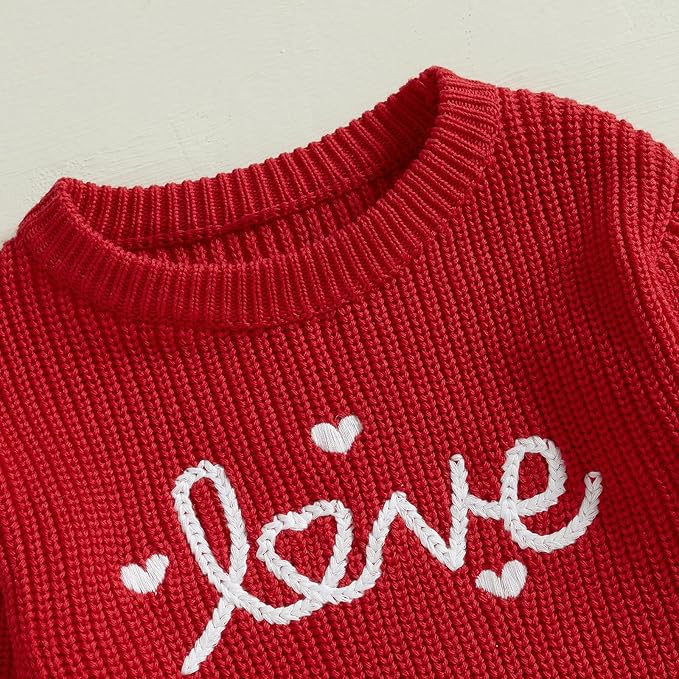 Lesimsam Newborn Baby Boy Girl Valentines Day Outfit Oversized Embroidery Long Sleeve Knit Sweater Bubble Romper Bodysuit