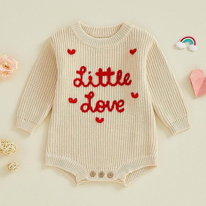 Lesimsam Newborn Baby Boy Girl Valentines Day Outfit Oversized Embroidery Long Sleeve Knit Sweater Bubble Romper Bodysuit