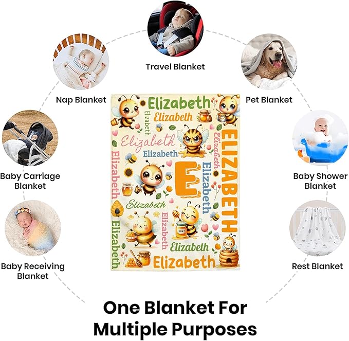 Personalized Custom Honey Bee Preschool Blanket Gifts for Baby Toddler Kids Boys Girls - Customized Honey Bee Super Soft Lightweight Flannel Sheets Decor for Crib Nap Couch - 30"x40" for Baby/Pets