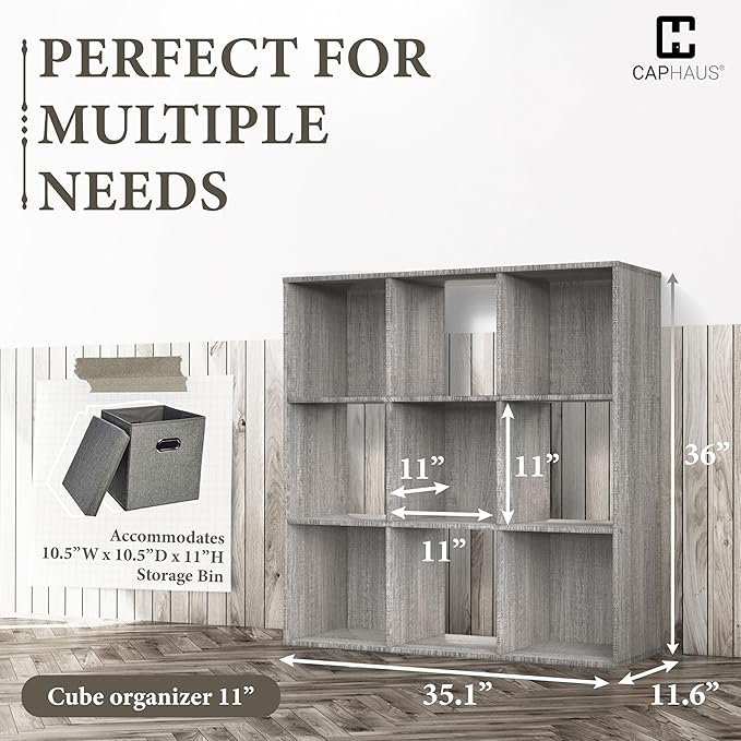 CAPHAUS 11-Inch Cube Storage Organizer Shelf, Home Storage Shelf Divider w/Back, 9-Cube Storage Bookcase, Greige Oak