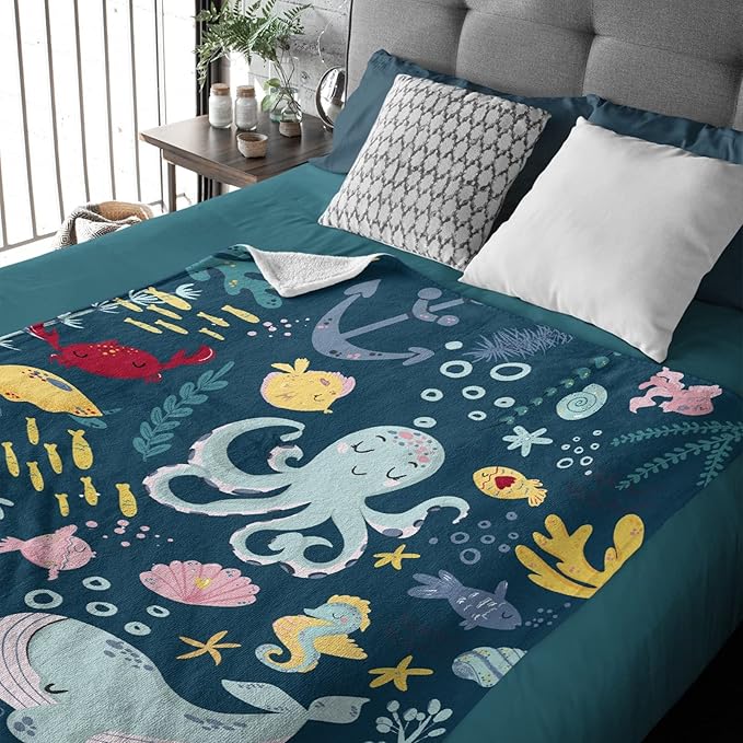Thuswarm Cute Blue Sea Creatures Octopus Whale Flannel Blanket for Autumn Winter Gifts Warm Cozy Soft Funny Print Throw for Bed Couch Sofa 120”×90” Extra Large for Family