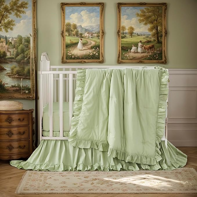 Brandream Farmhouse Crib Bedding Sets for Girls and Boys | 100% Percale Cotton 3 Piece Nursery Set Light Green Ruffles | Baby Comforter, Fitted Crib Sheet, Crib Skirt Included