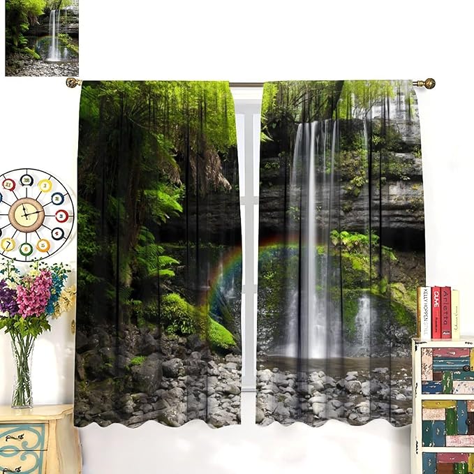 Natural Landscape Waterfall Blackout Curtains, Forest Falls Spring Natural Scenery Green Plant Tree Leaf Rod Pocket Window Drapes, for Bedroom Living Room 55" W X 63" L