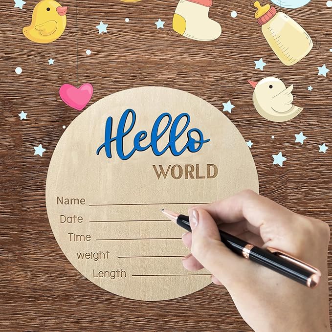 Baby Announcement Sign, 5.9 Inch Wooden Hello World Newborn Signs, Birth Announcement Sign, Baby Shower Hospital Nursery for Newborn Boys and Girls… (Blue)