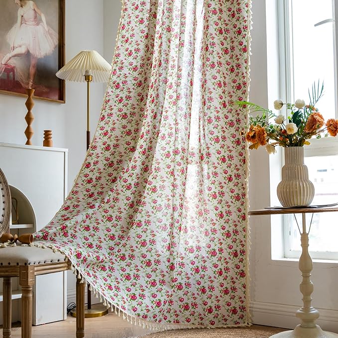 ENJOYBRIDAL Floral 63 Inch Curtains for Living Room Bedroom Drapes Farmhouse Vintage Semi Sheer Short Window Curtains 2 Panel Sets Boho Cute Rustic Dining Room Rod Pocket Window Treatments