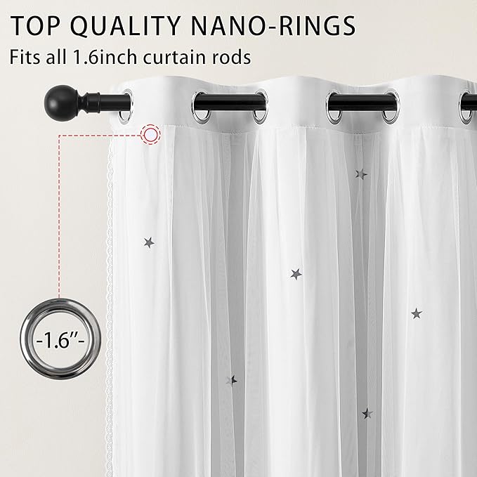 XiDi White Curtains with Sheer Overlay for Girls Bedroom 2 Panels Blackout Double Layer Curtains 45 Inches Length for Kids Princess Nursery Room Star Cut Out Grommet Small Window Drapes W52 X L45