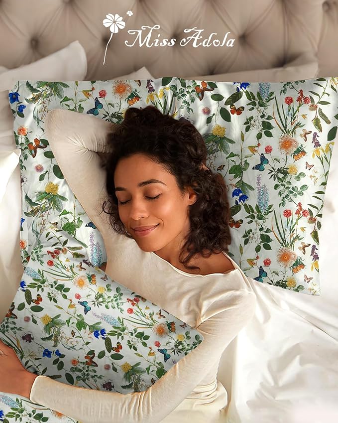 Silk Pillowcase 2 Pack - Cute Pillow Cases 20" x 26" Standard Size Set of 2 for Hair and Skin Smooth Soft Breathable with Hidden Zipper Cooling Pillow Covers for Sleeping, Butterfly Plant