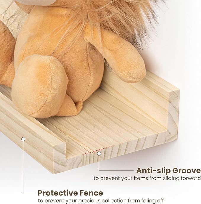 Fun Memories Picture Ledge Shelf, Pine Wood Floating Shelves Set of 2, 48 inch Nursery Book Shelves, Photo Ledge Book Shelves Wall Mounted for Living Room Kids' Room Bedroom - Natural