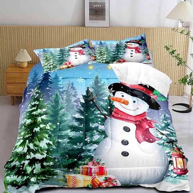 LUVIVIHOME 3PCS Merry Christmas Comforter Set Full Size, Cute Funny Snowman Bedding, Winter Snowflake Pine Tree Christmas Bedroom Decor for Kids Boys Girls Teens Toddler, Xmas Gifts, 2 Pillow Shams