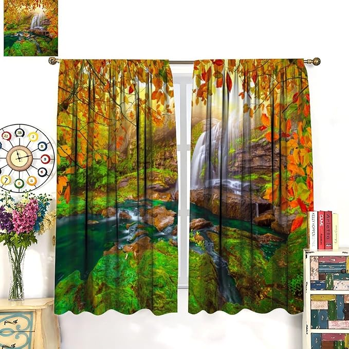 Waterfall Blackout Curtains, Waterfall Landscape Autumn Nature Leaves Forest Window Drapes, for Bedroom Living Room 63" W X 63" L