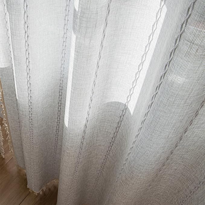 Deeprove Silver Grey Boho Curtains 72 inches Length, Vintage Bohemian Embroidery Farmhouse Cotton Linen Fringe Window Treatments Nursery Bedroom Living Room Dinging Room Decor, W52 x L72, 1 Panel