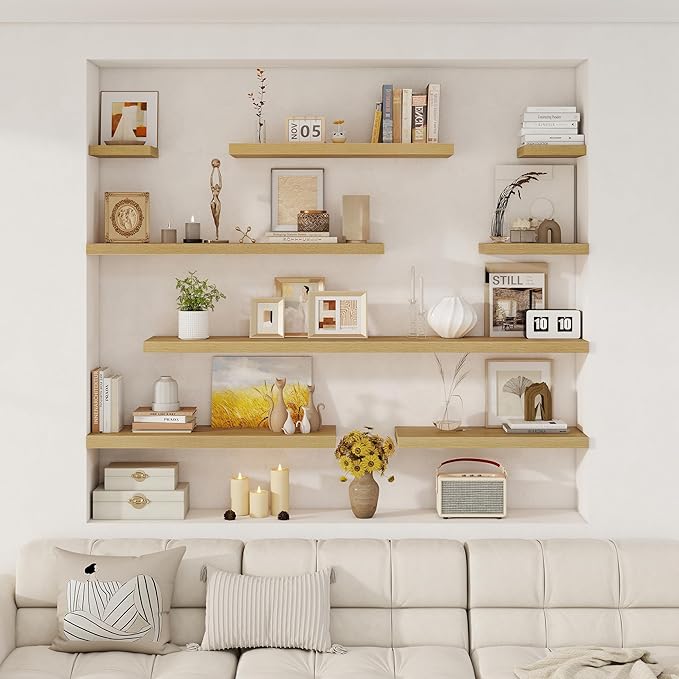 Fun Memories Deep Floating Shelves, 72 x 12 Inch Long Wall Shelves, Large Display Shelf & Storage Shelf, Wood Floating Wall Shelves for Fireplace Mantel, Living Room, Home Office - Set of 2