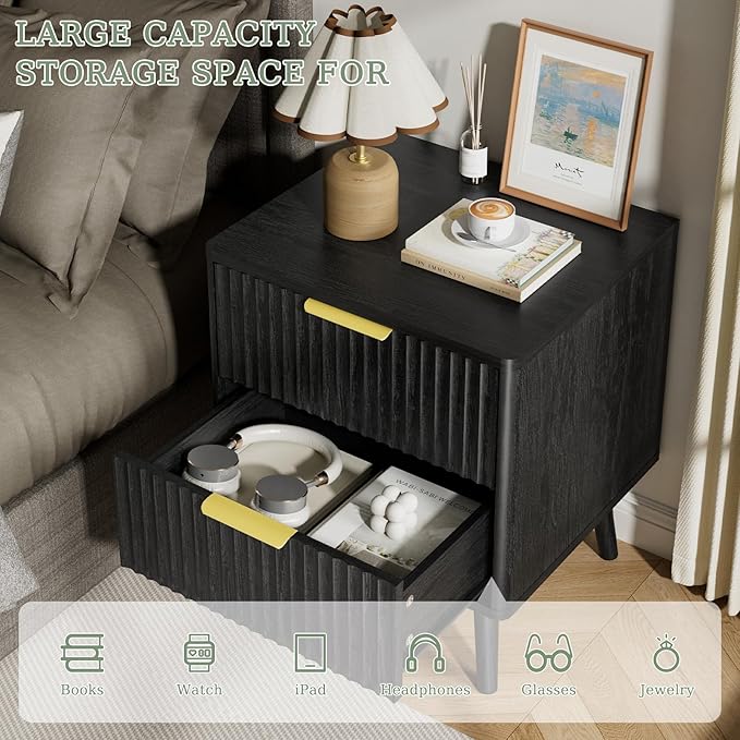 LYNSOM Fluted Dresser and Nightstand Sets 2 Piece, 2-Drawer Nightstands and 7-Drawers Dresser, Wood Bedroom Furniture Set for Home, Bedroom, Hallway, Black
