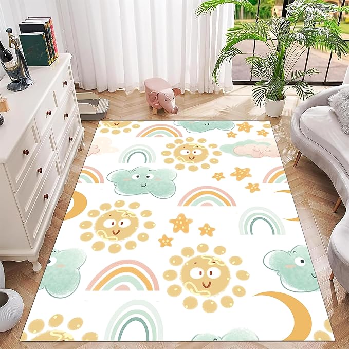 Cute Fluffy Kids Rugs Girls Bedroom Rainbow Rugs Living Room Colorful Floor Mats Soft Washable Non-Slip Rugs Smiling Sun White Cloud Patterns Kids Room Nursery Decoration 6x8ft