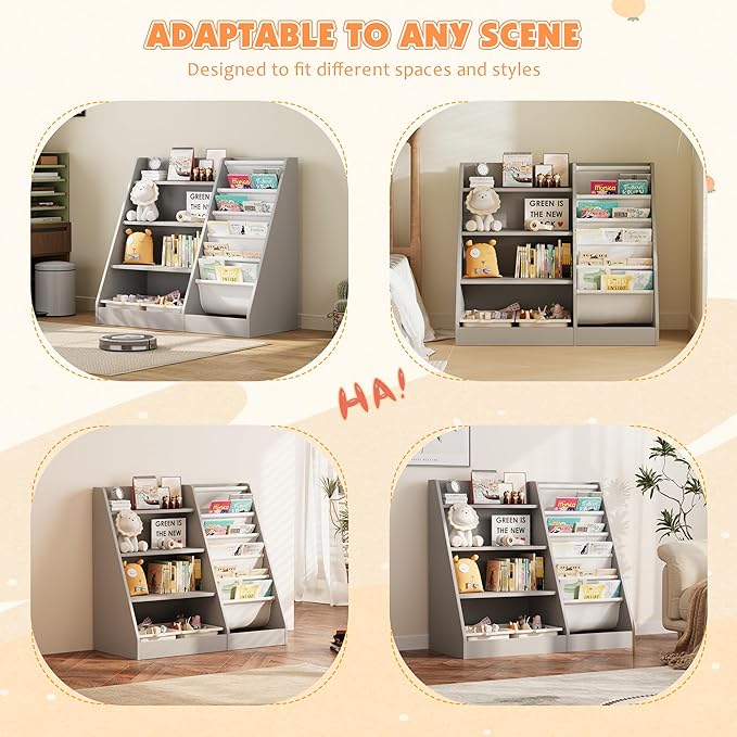 NACHES Montessori Kid Bookshelf Toddler Bookcase Cabinet Children Book Rack Display Toy Storage Organizer 4 Tier 5 Sling Deep Sleeves Classroom Bedroom Nursery Playroom Wood (Grey)