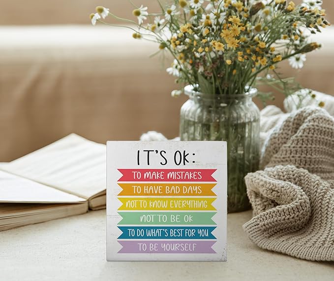 Mtrgdn Therapy It's OK not to Be OK Wood Box Sign Desk Decor Inspirational Quotes Wooden Box Block Sign Decorations for Home Bedroom Classroom Wall Tabletop Desk Decor