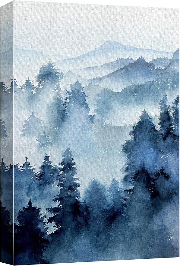 SIGNWIN Canvas Print Wall Art Woodland Nursery Decor Blue Winter Mist Pastel Mountain Forest Nature Illustrations Modern Art Decorative Landscape Colorful for Living Room, Bedroom, Office - 24"x36"