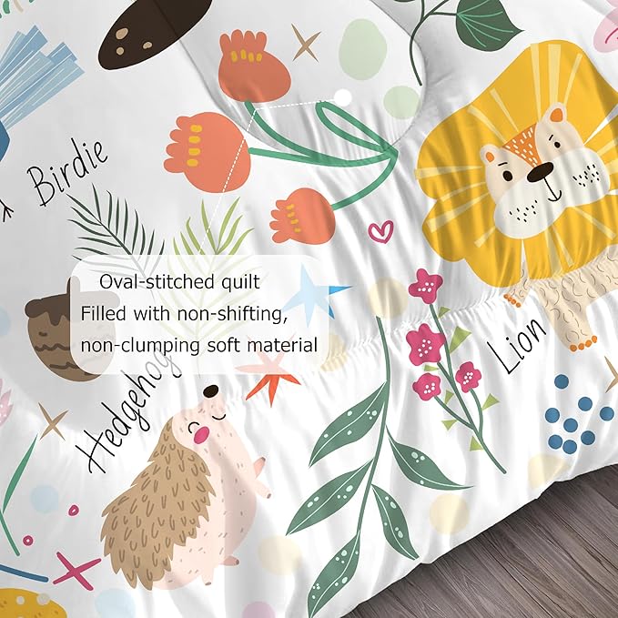 Animal Comforter Set Twin: Forest Animals Kids Bedding Set Cute Safari Woodland Quilt Jungle Cartoon Fox Bear Lion Flowers Bed Sets for Girls Boys Children Teens Toddler