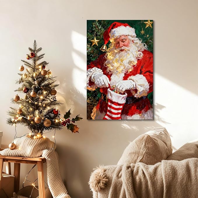 YONICA Christmas Canvas Wall Art Stocking Santa 28x40 Inch Oil Painting Filling Christmas Sock - Large Framed Gallery Wrapped Family Tradition