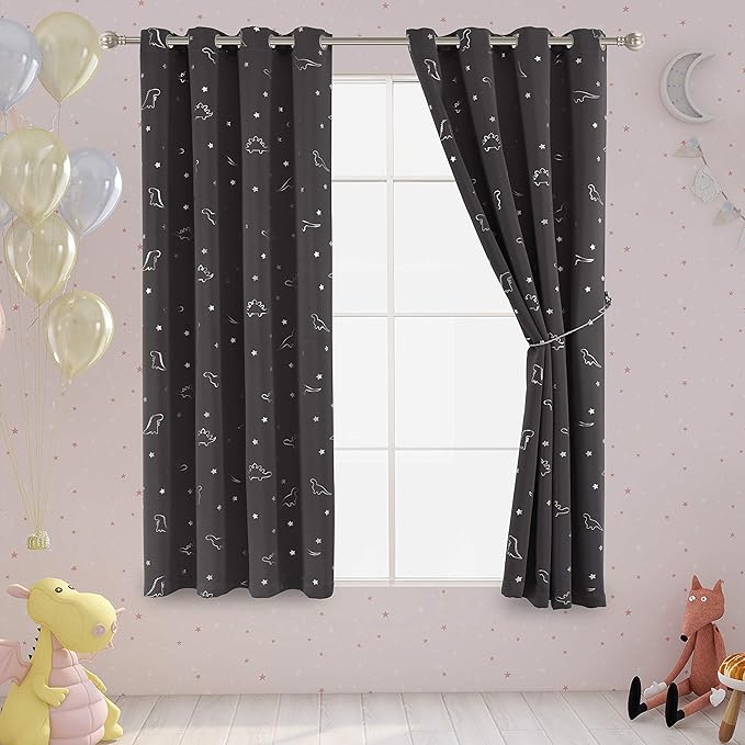 LORDTEX Dinosaur and Star Foil Print Blackout Curtains for Kids Room - Thermal Insulated Curtains Noise Reducing Window Drapes for Boys and Girls Bedroom, 52 x 63 Inch, Grey, Set of 2 Panels