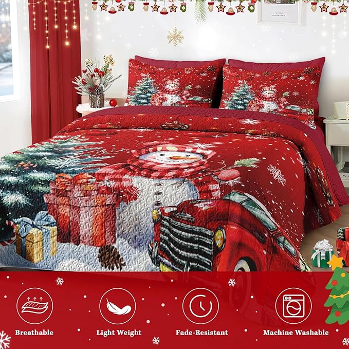 Christmas King Size Quilt Set, Red Cute Snowman Lightweight Bedspread Coverlet with Pillow Shams for Kids and Adults, Farmhouse Truck Snow 3 Pcs Bedding Bed Cover