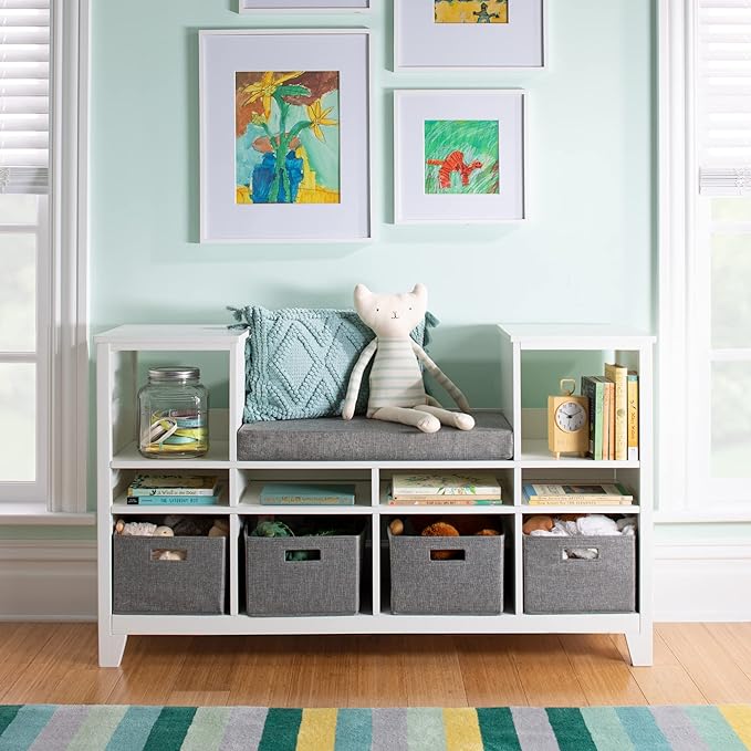 Martha Stewart Kids' Reading Nook - Linen White: Wooden Storage Bench Bookshelf Organizer with Seat Cushion, and Fabric Bins for Toys, Books, Art - Bedroom or Playroom Cubby