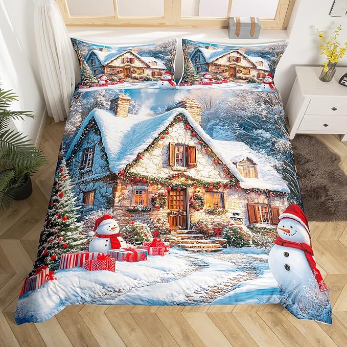 Manfei Christmas Duvet Cover Set King Size, Winter Snow Scenery Bedding Set for Kids Boys Girls Room Decor, Western New Year Comforter Cover, Soft Polyester Quilt Cover, 2 Pillowcases, No Comforter