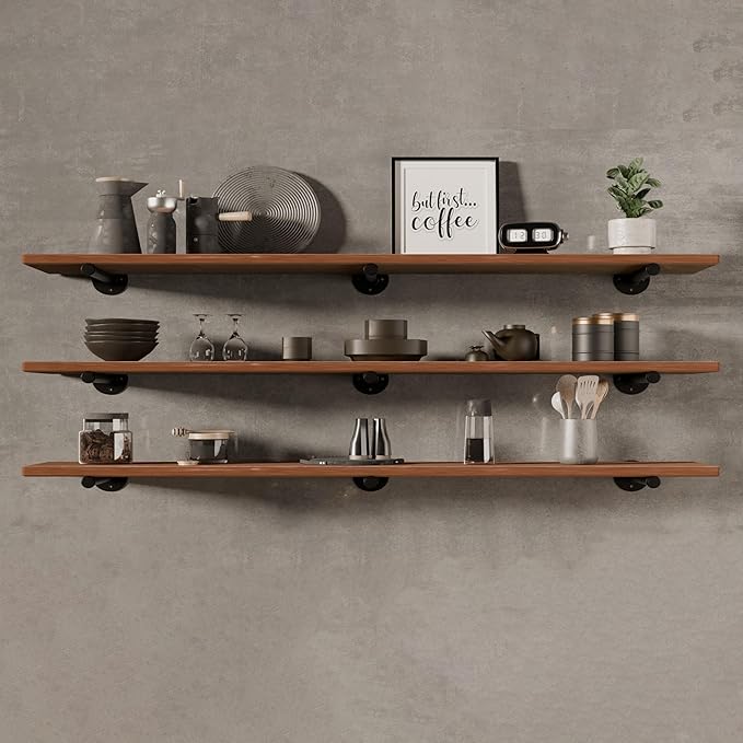 IEO Floating Shelves for Wall Shelf 60 inches Long 11.8" Extra Width Farmhouse Bathroom Decor Bedroom Kitchen Shelves Living Room Wall Mounted Set of 3, Rustic Brown Soild Wood
