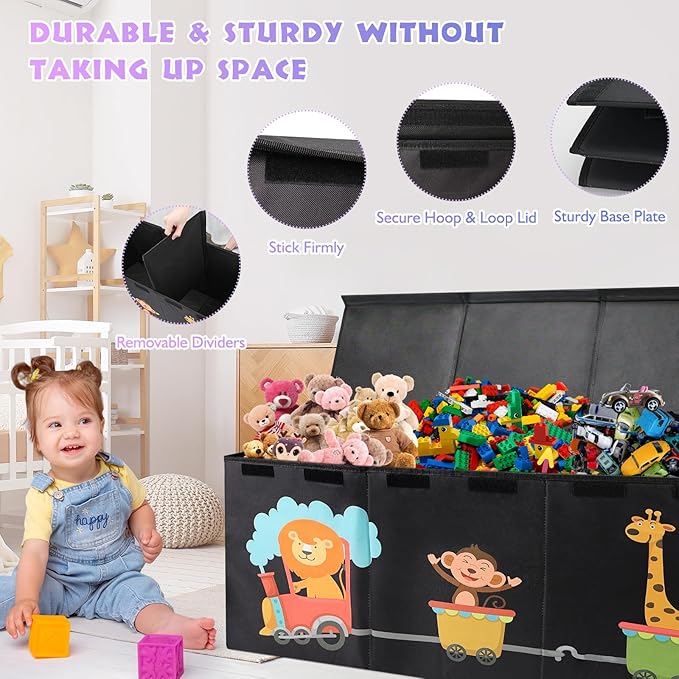 XL Toy Box - Toy Storage Bins with lids, Collapsible Toy Chest for Boys Girls, Kids Big Toy Organizer with Adjustable Dividers for Living Room Area, Playroom, Bedroom