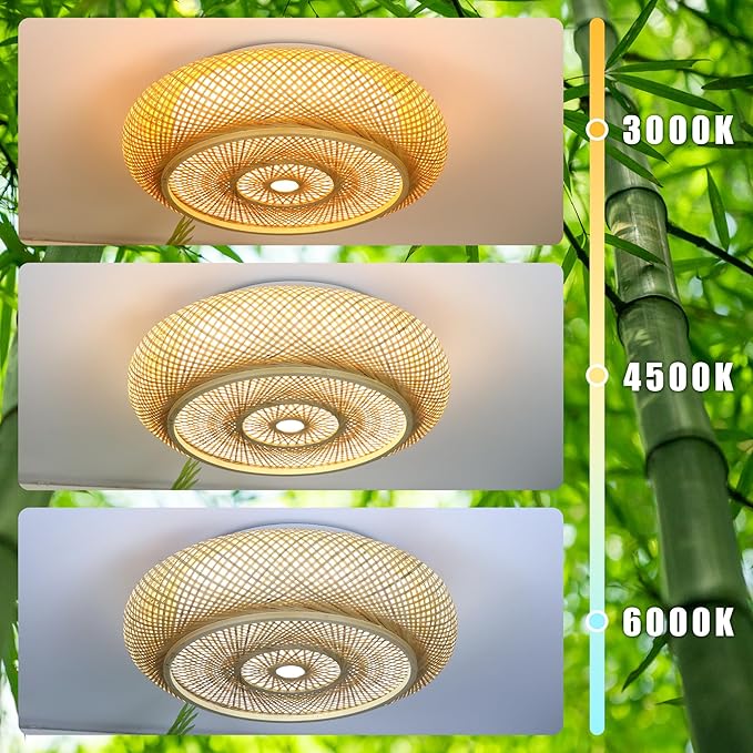 19.7 in Bamboo Woven Rattan-Style Ceiling Light, Boho Ceiling Light Fixture with Remote, LED Dimmable Ceiling Light, Boho Light Fixture for Bedroom Living Room Dining Room Light